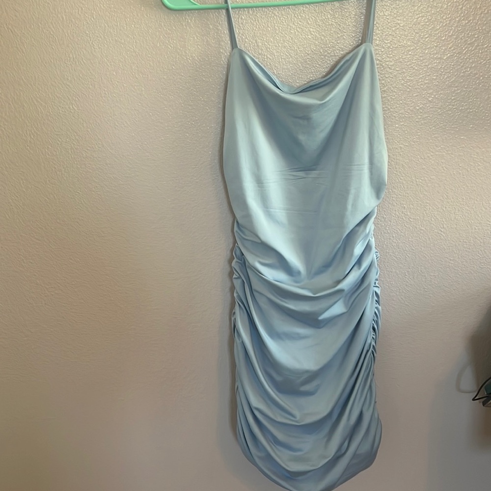 Light blue satin dress with stitch ruffles on side and back for hourglass shape